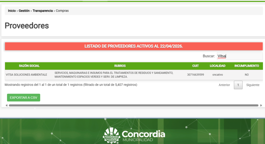 alt="Captura del registro de proveedores municipales activos que incluye a Vitsa, cuyo contrato de recolección de residuos en Concordia recién salió a la luz el lunes"