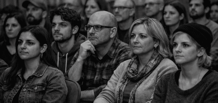 alt="Personas atentas en una charla sobre la prevención del suicidio en Concordia en un auditorio"