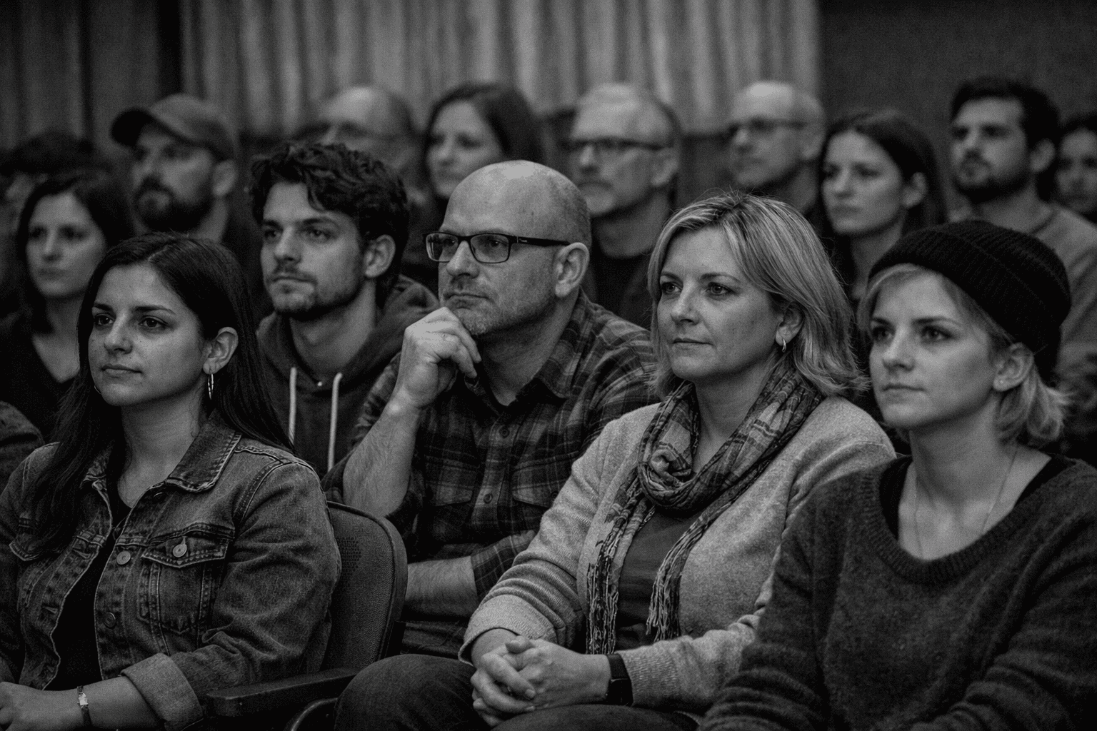 alt="Personas atentas en una charla sobre la prevención del suicidio en Concordia en un auditorio"