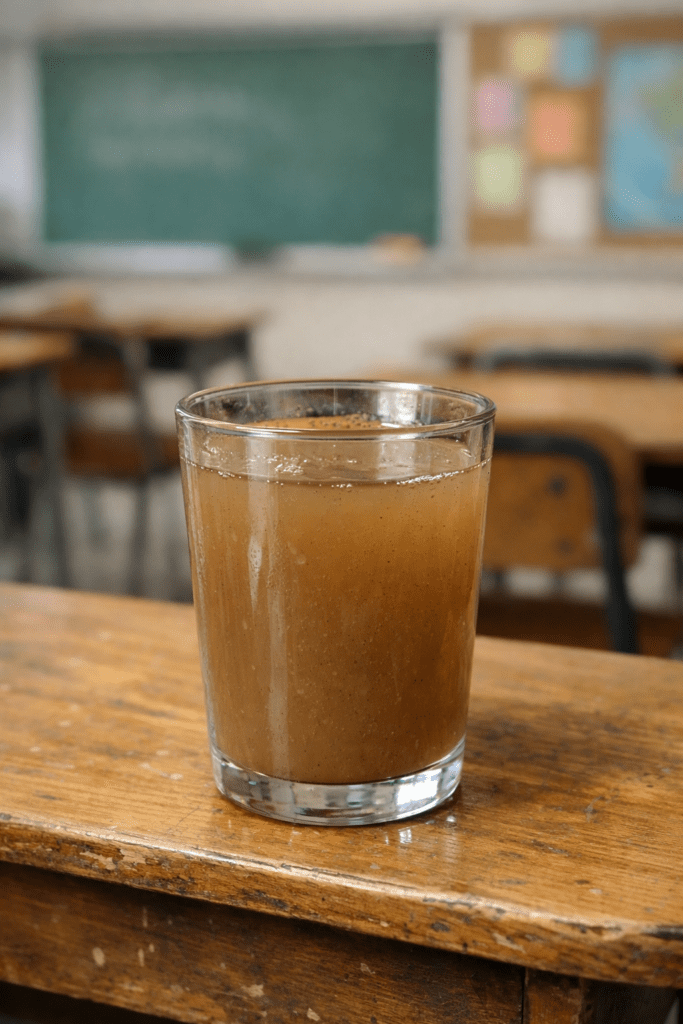 alt="Vaso con agua marrón turbia en una escuela secundaria, denunciando fallas de infraestructura escolar en Concordia"
