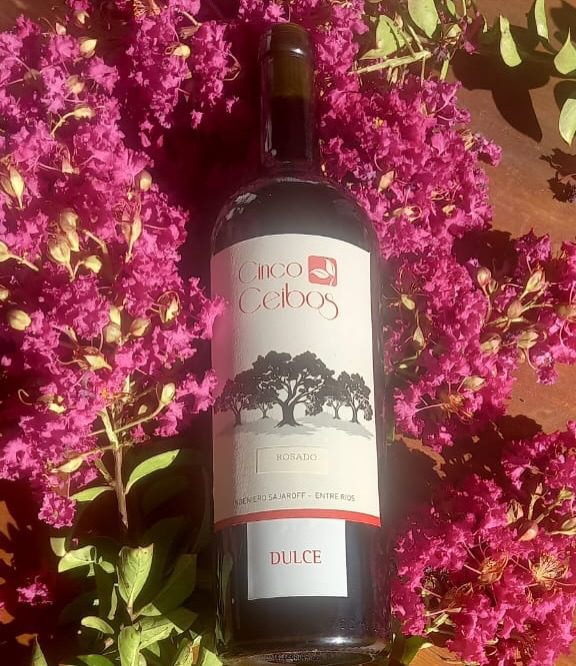alt="Botella de vino rosado dulce de la bodega boutique entrerriana Cinco Ceibos presentado durante un evento dedicado al astroturismo y el enoturismo sustentable"