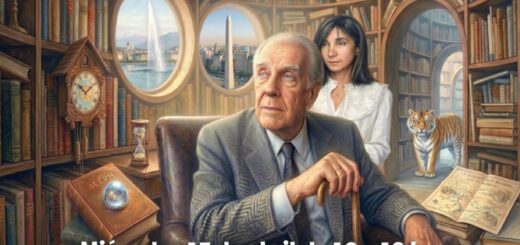 alt="Ilustración surrealista de Jorge Luis Borges en una biblioteca para el evento Borges sensorial en Concordia"