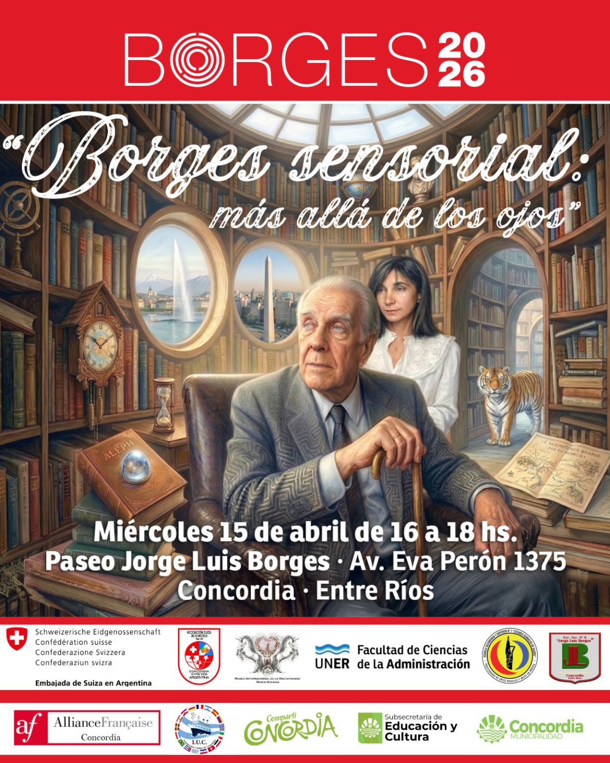 alt="Ilustración surrealista de Jorge Luis Borges en una biblioteca para el evento Borges sensorial en Concordia"