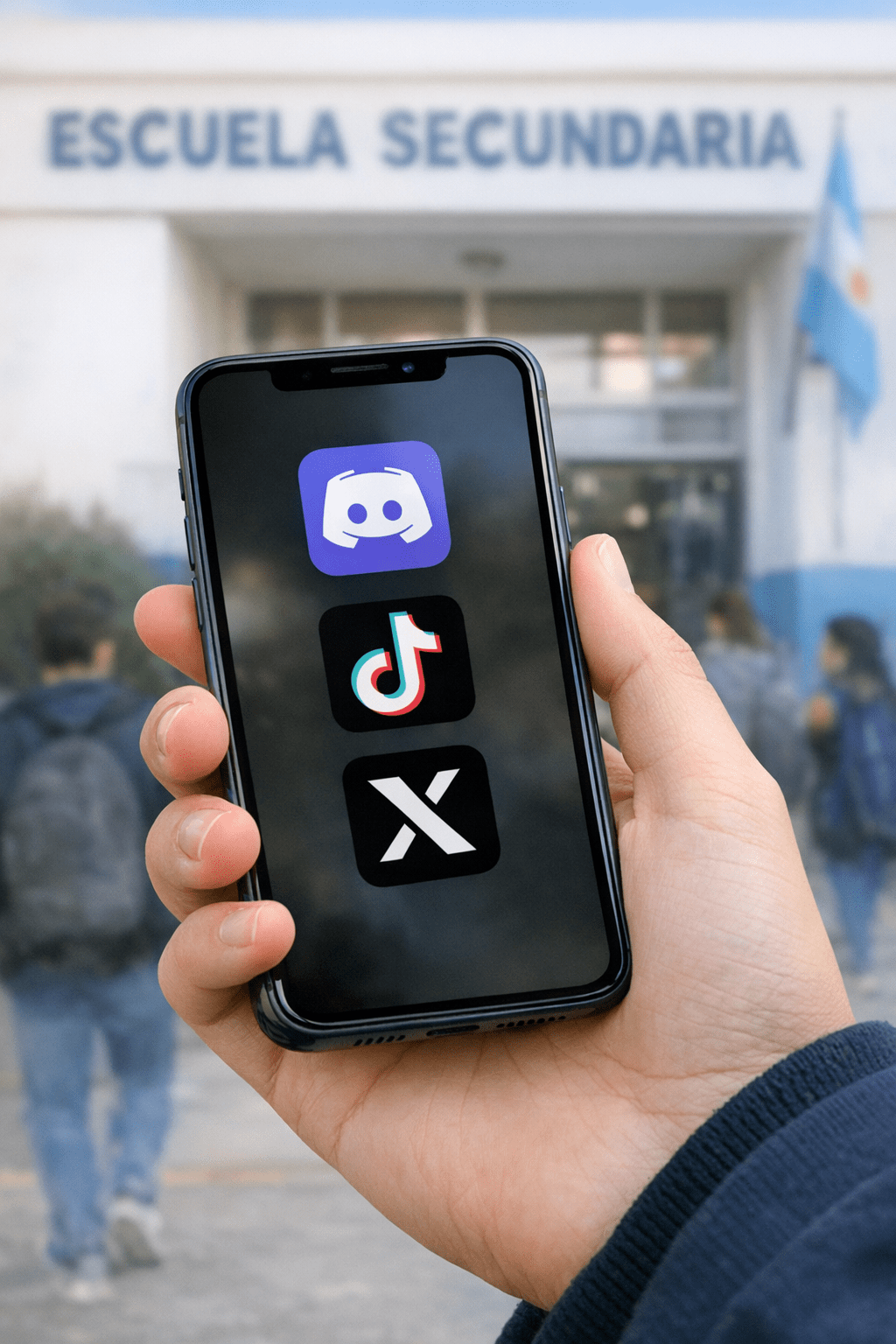 alt="Teléfono celular con redes sociales frente a una escuela secundaria, representando la amenaza de la True Crime Community en Argentina"