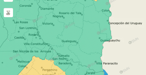 alt="Mapa meteorológico de Entre Ríos con zona amarilla por alerta por tormentas en el noreste entrerriano"