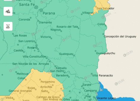 alt="Mapa meteorológico de Entre Ríos con zona amarilla por alerta por tormentas en el noreste entrerriano"