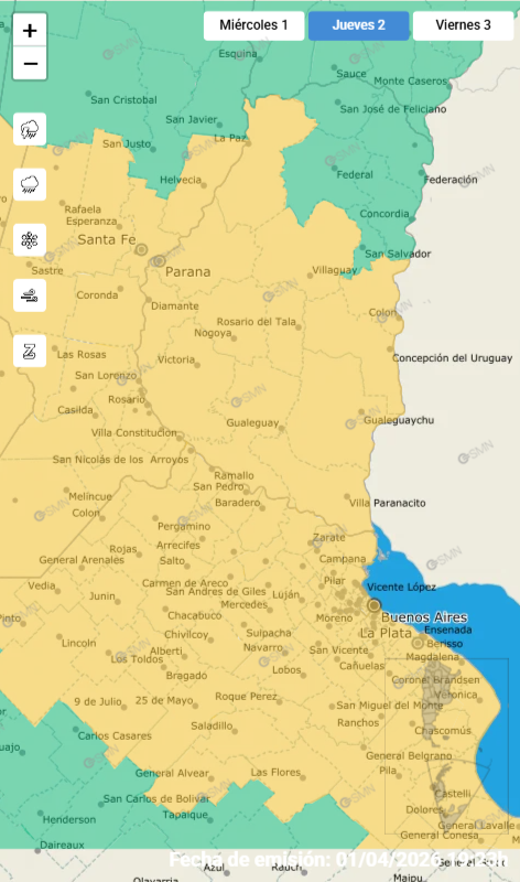 alt="mapa con los departamentos para los que rige la alerta amarilla en Entre Ríos para este jueves"