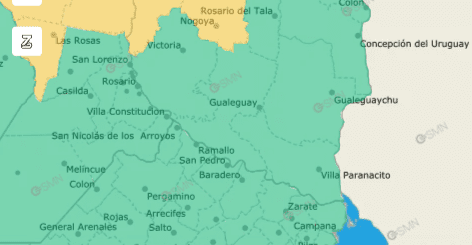 alt="Mapa meteorológico de la provincia que detalla la alerta por tormentas en Entre Ríos para este martes”