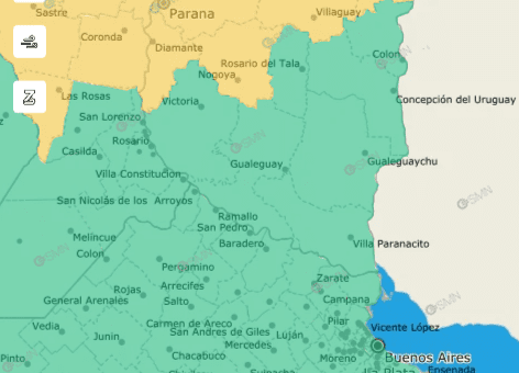 alt="Mapa meteorológico de la provincia que detalla la alerta por tormentas en Entre Ríos para este martes”