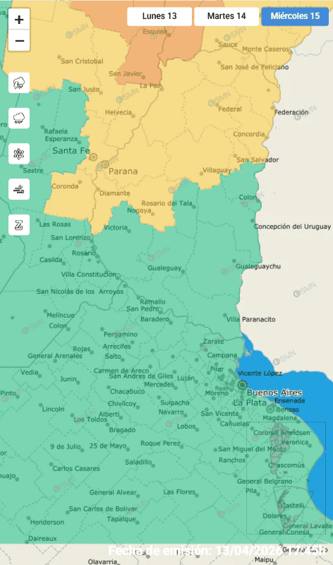 alt="Mapa meteorológico de la provincia que detalla la alerta por tormentas en Entre Ríos para este miércoles”