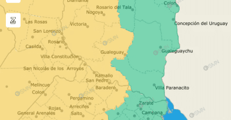 alt="mapa con los departamentos para los que rige la alerta amarilla por tormentas en Entre Ríos este miércoles"