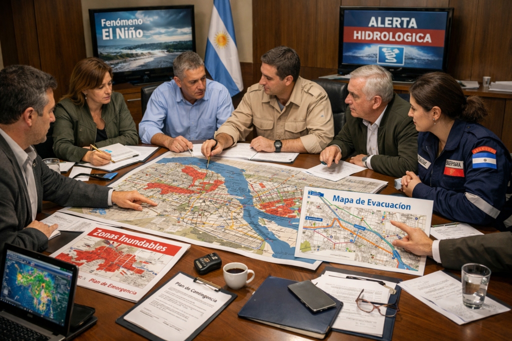 alt="Imagen creada por IA que representa una reunión de gabinete en el litoral argentino. Funcionarios observan planos urbanos y mapas de zonas inundables sobre una mesa, mientras discuten medidas de emergencia ante el fenómeno de El Niño. Se ven computadoras con radares meteorológicos, documentos y una bandera argentina al fondo"