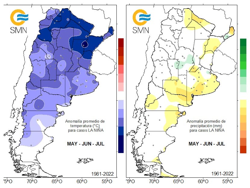 alt="Mapas del Servicio Meteorológico Nacional con pronóstico de temperaturas y precipitaciones que afectarán a Entre Ríos durante El Niño 2026"