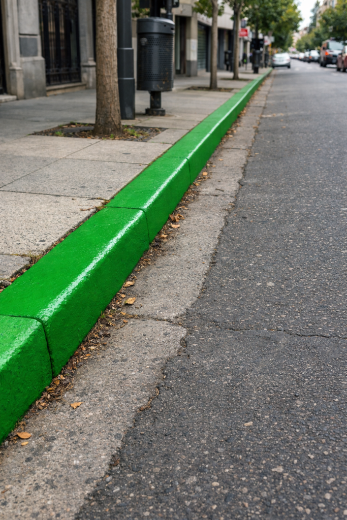 alt="Cordones verdes en una calle céntrica comercial bajo el sistema de estacionamiento medido en Concordia.