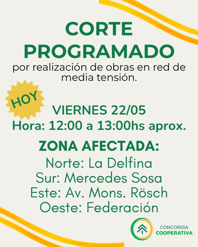 alt="Placa informativa de Concordia Cooperativa detallando las calles delimitadoras del corte de luz en Concordia"