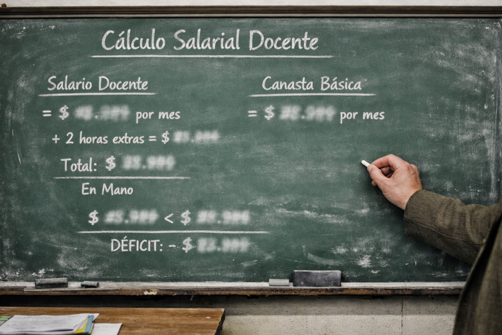 alt="Pizarrón universitario que ilustra la caída salarial en el marco de la crisis del financiamiento de la universidad pública en Argentina"