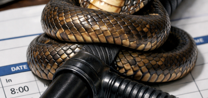 alt="Ilustración del Efecto Cobra y Ley de Goodhart con cobra y planilla policial"