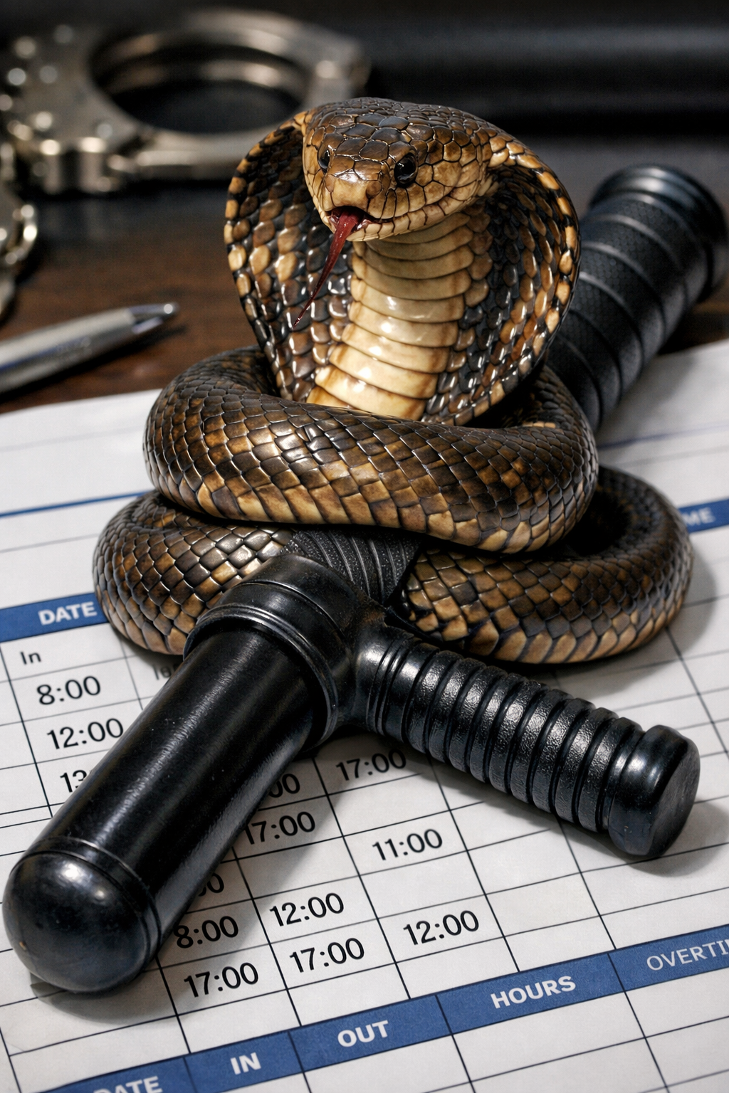 alt="Ilustración del Efecto Cobra y Ley de Goodhart con cobra y planilla policial"
