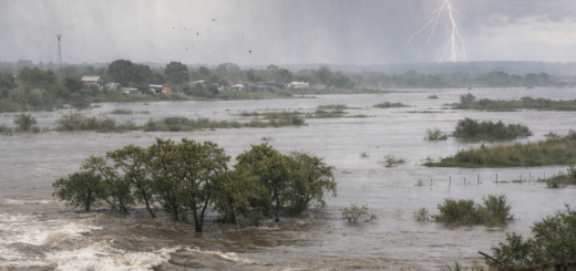 alt="Fotografía del litoral argentino durante el fenómeno de El Niño. Se observa un río desbordado que inunda campos y caminos rurales, árboles parcialmente sumergidos y un cielo oscuro con lluvia y relámpagos en la distancia. La escena transmite la magnitud y el impacto ambiental del evento climático"