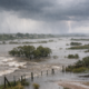 alt="Fotografía del litoral argentino durante el fenómeno de El Niño. Se observa un río desbordado que inunda campos y caminos rurales, árboles parcialmente sumergidos y un cielo oscuro con lluvia y relámpagos en la distancia. La escena transmite la magnitud y el impacto ambiental del evento climático"