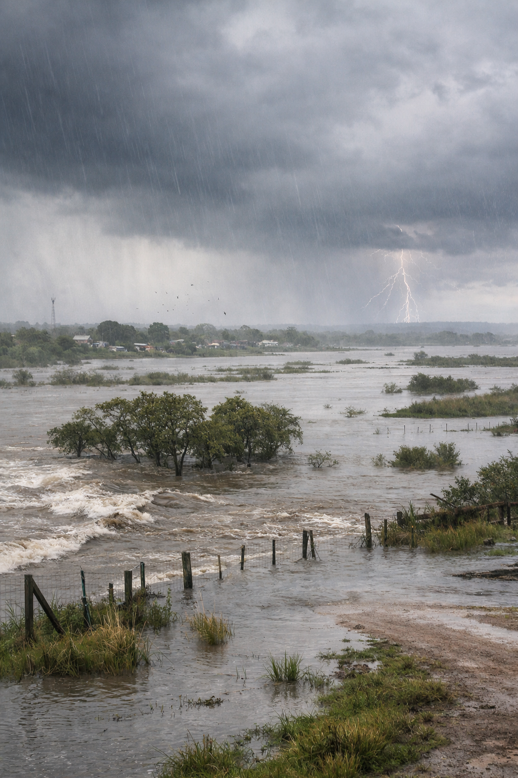 alt="Fotografía del litoral argentino durante el fenómeno de El Niño. Se observa un río desbordado que inunda campos y caminos rurales, árboles parcialmente sumergidos y un cielo oscuro con lluvia y relámpagos en la distancia. La escena transmite la magnitud y el impacto ambiental del evento climático"