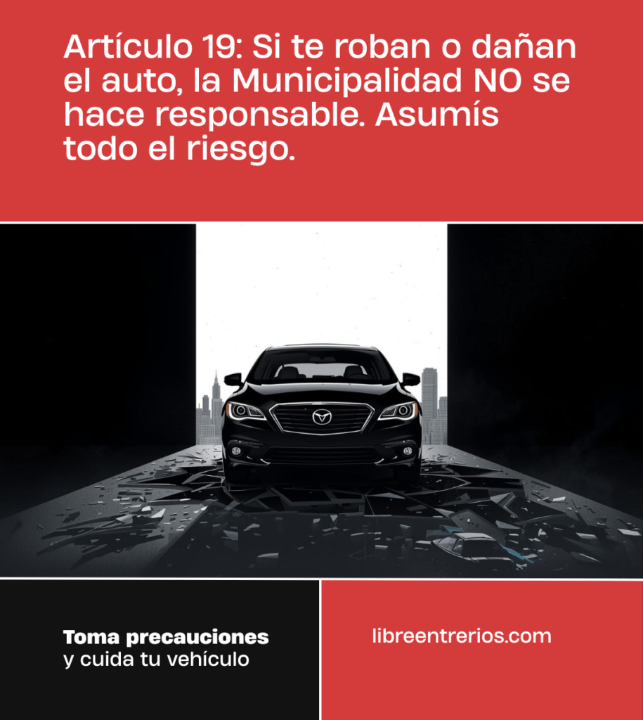 alt="Placa informativa sobre el Artículo 19 del nuevo sistema de estacionamiento medido en Concordia que indica que el usuario asume todo el riesgo"