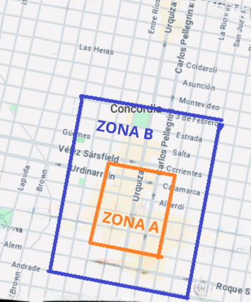 ALT="Mapa infográfico del nuevo sistema de estacionamiento medido en Concordia con delimitación de Zona A y Zona B"