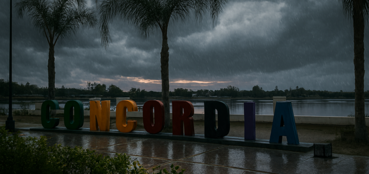 alt="Vista de la costanera de Concordia bajo un cielo oscuro por la alerta por tormentas en Entre Ríos"