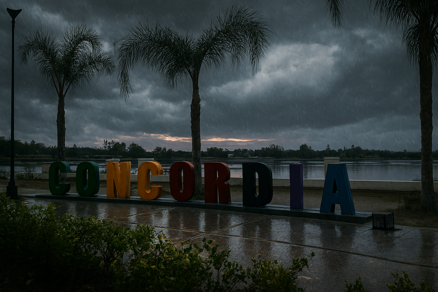 alt="Vista de la costanera de Concordia bajo un cielo oscuro por la alerta por tormentas en Entre Ríos"
