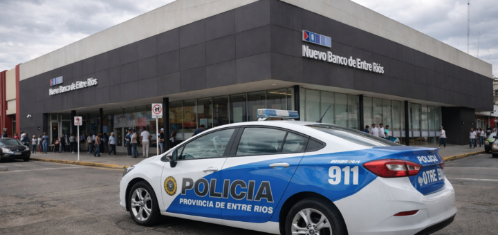 alt="Patrullero policial frente a una entidad bancaria"