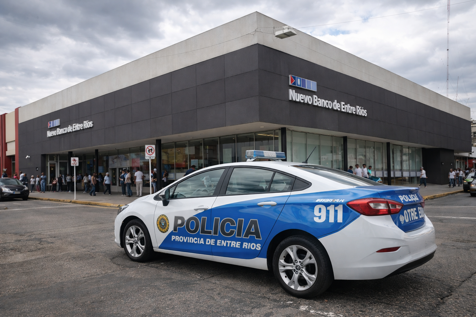 alt="Patrullero policial frente a una entidad bancaria"