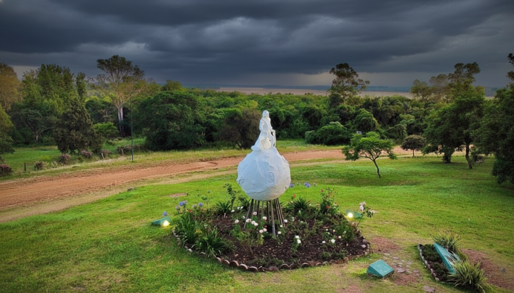 alt="Nubes de tormenta sobre el monumento de El Principito, en el Parque San Carlos de Concordia, mientras rige la alerta por tormentas en Entre Ríos"