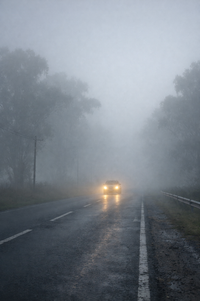 alt="Auto transitando con precaución por una ruta con densa bruma durante el alerta violeta por niebla"