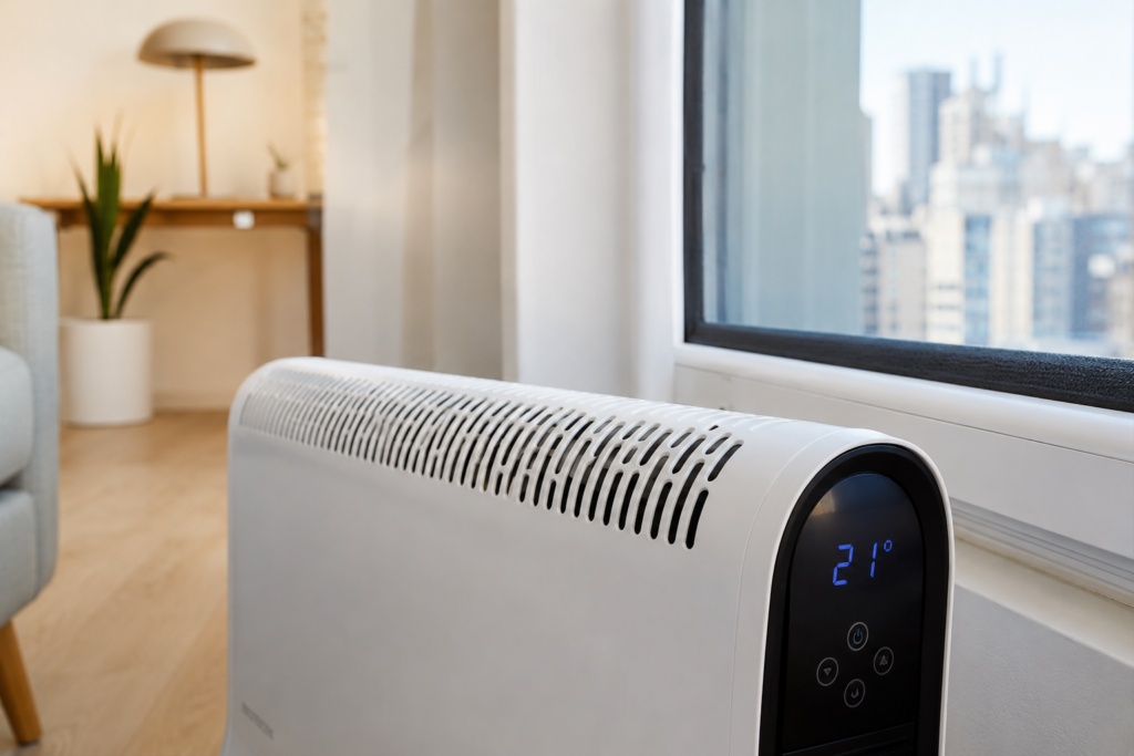 alt="Estufa eléctrica junto a ventana sellada con burletes para asegurar una calefacción eléctrica eficiente en Concordia"