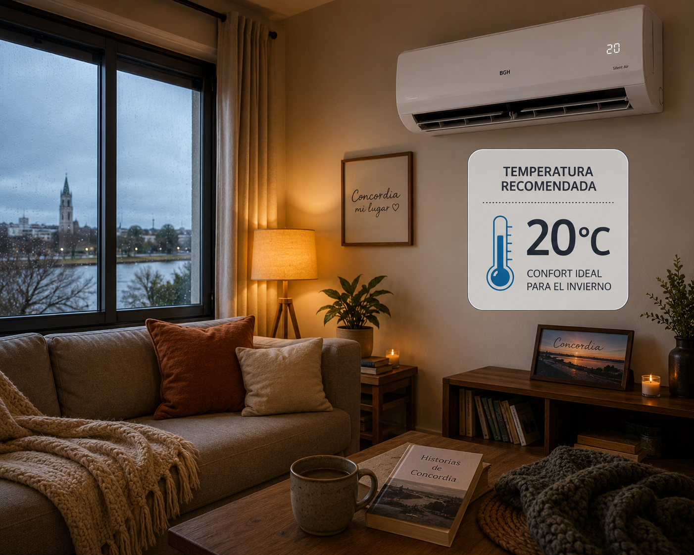 alt="Aire acondicionado frío calor configurado en 20 grados para una calefacción eléctrica eficiente en un hogar de Concordia"