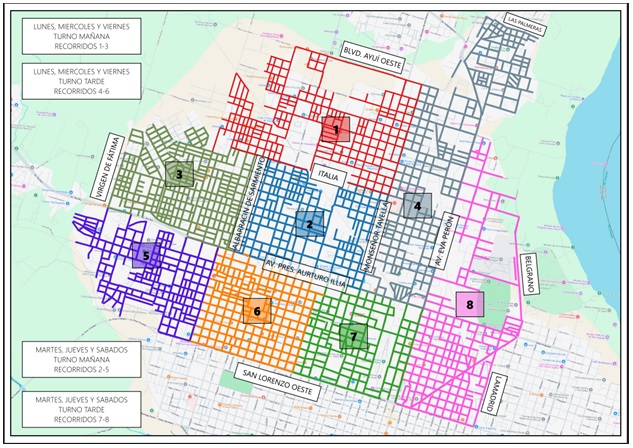 alt="Mapa detallado de las ocho zonas de recolección de residuos en Concordia gestionadas bajo el nuevo esquema"