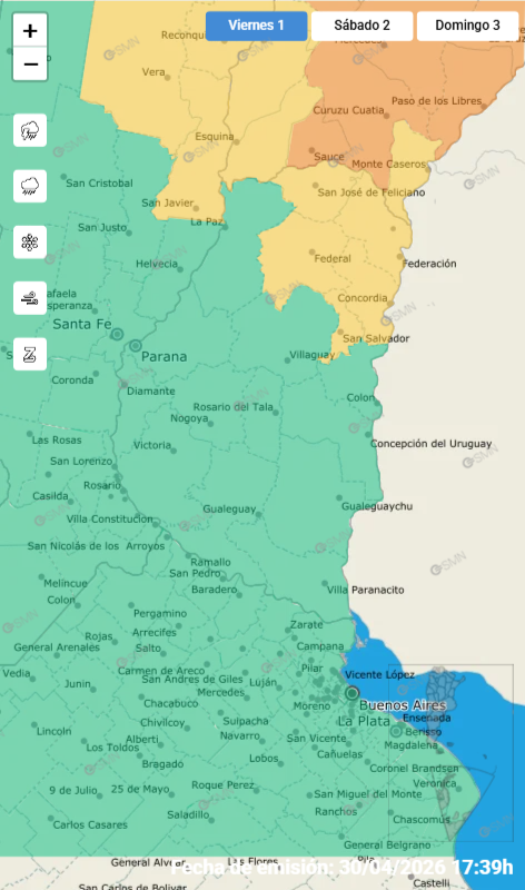 alt="Mapa meteorológico mostrando la zona bajo alerta por tormentas en Entre Ríos hoy 1° de mayo"