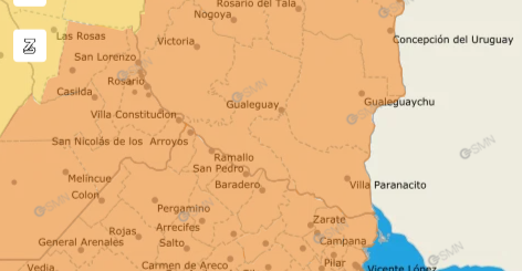 alt="Mapa meteorológico de Entre Ríos con alerta naranja por tormentas fuertes en Entre Ríos"