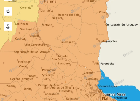 alt="Mapa meteorológico de Entre Ríos con alerta naranja por tormentas fuertes en Entre Ríos"