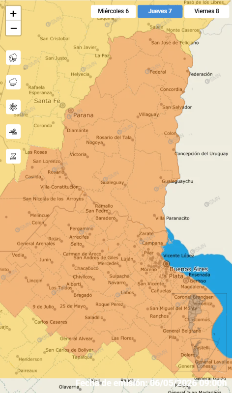 alt="Mapa meteorológico de Entre Ríos con alerta naranja por tormentas fuertes en Entre Ríos"