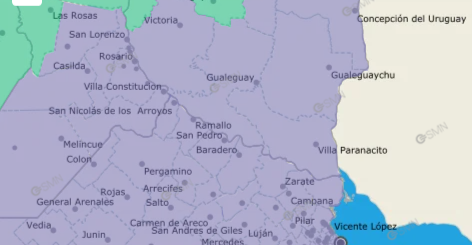alt="Mapa oficial de alertas que ilustra el alcance de la alerta violeta por niebla en Entre Ríos y las provincias limítrofes"