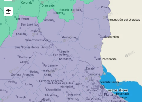 alt="Mapa oficial de alertas que ilustra el alcance de la alerta violeta por niebla en Entre Ríos y las provincias limítrofes"