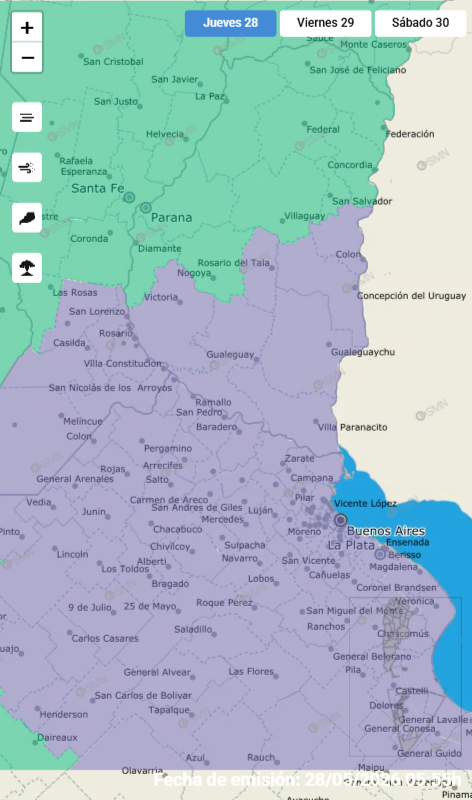 alt="Mapa oficial de alertas que ilustra el alcance de la alerta violeta por niebla en Entre Ríos y las provincias limítrofes"