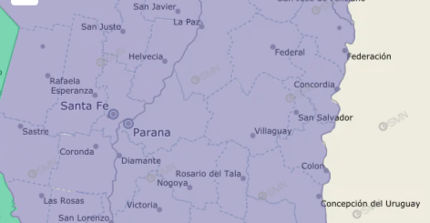 alt=" Mapa meteorológico de Argentina mostrando Entre Ríos bajo alerta violeta por niebla"