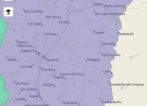 alt=" Mapa meteorológico de Argentina mostrando Entre Ríos bajo alerta violeta por niebla"