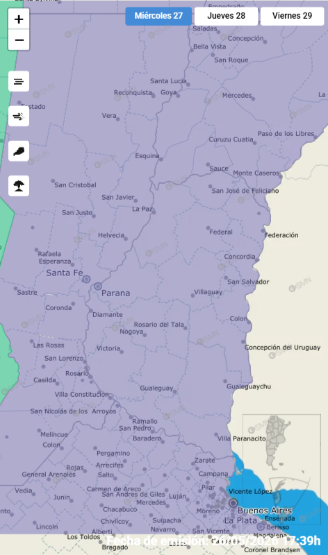 alt=" Mapa meteorológico de Argentina mostrando Entre Ríos bajo alerta violeta por niebla"