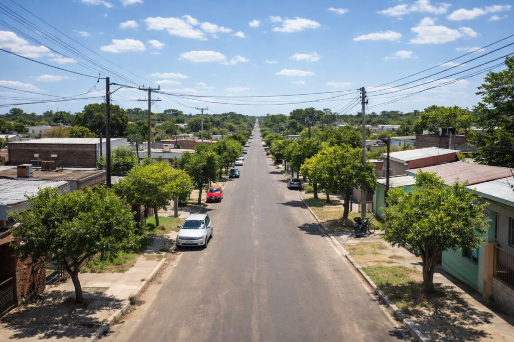 alt="Calles del área residencial afectada durante el corte de luz en Concordia por mantenimiento de subestación"