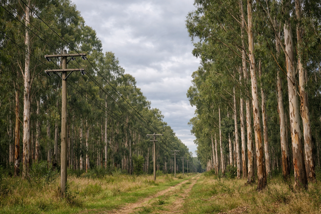 alt="Árboles forestales en cercanías de cables de electricidad donde ocurrió el corte de luz en Calabacilla"