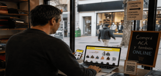 Persona trabajando en su comercio físico mientras gestiona ventas mediante el comercio digital en Concordia.