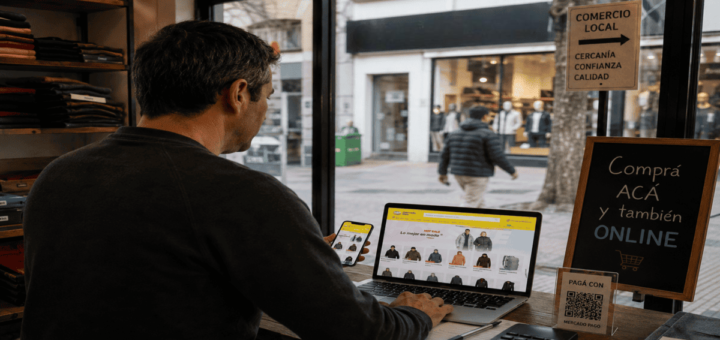 Persona trabajando en su comercio físico mientras gestiona ventas mediante el comercio digital en Concordia.